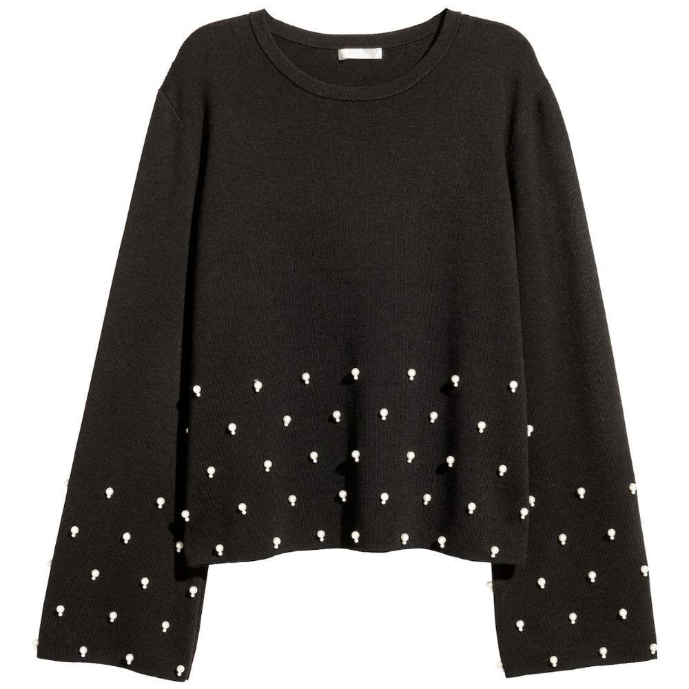 H&M Pearl Accents Black Flare Sleeve Sweater